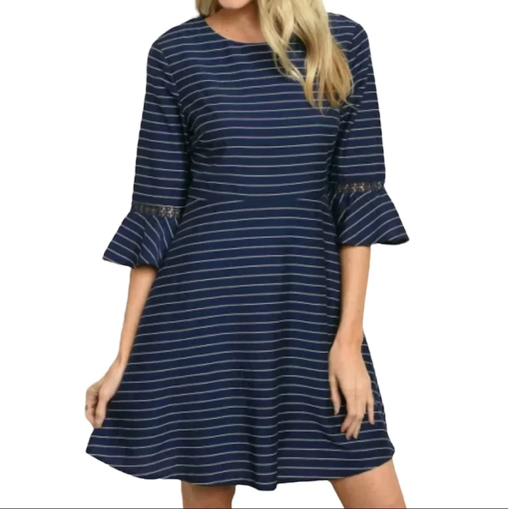 Gilli Womens size small navy and white striped swing dress with pockets … - Picture 1 of 12